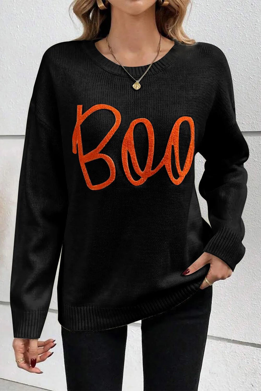BOO Round Neck Long Sleeve Sweater - Loulou Boutique
