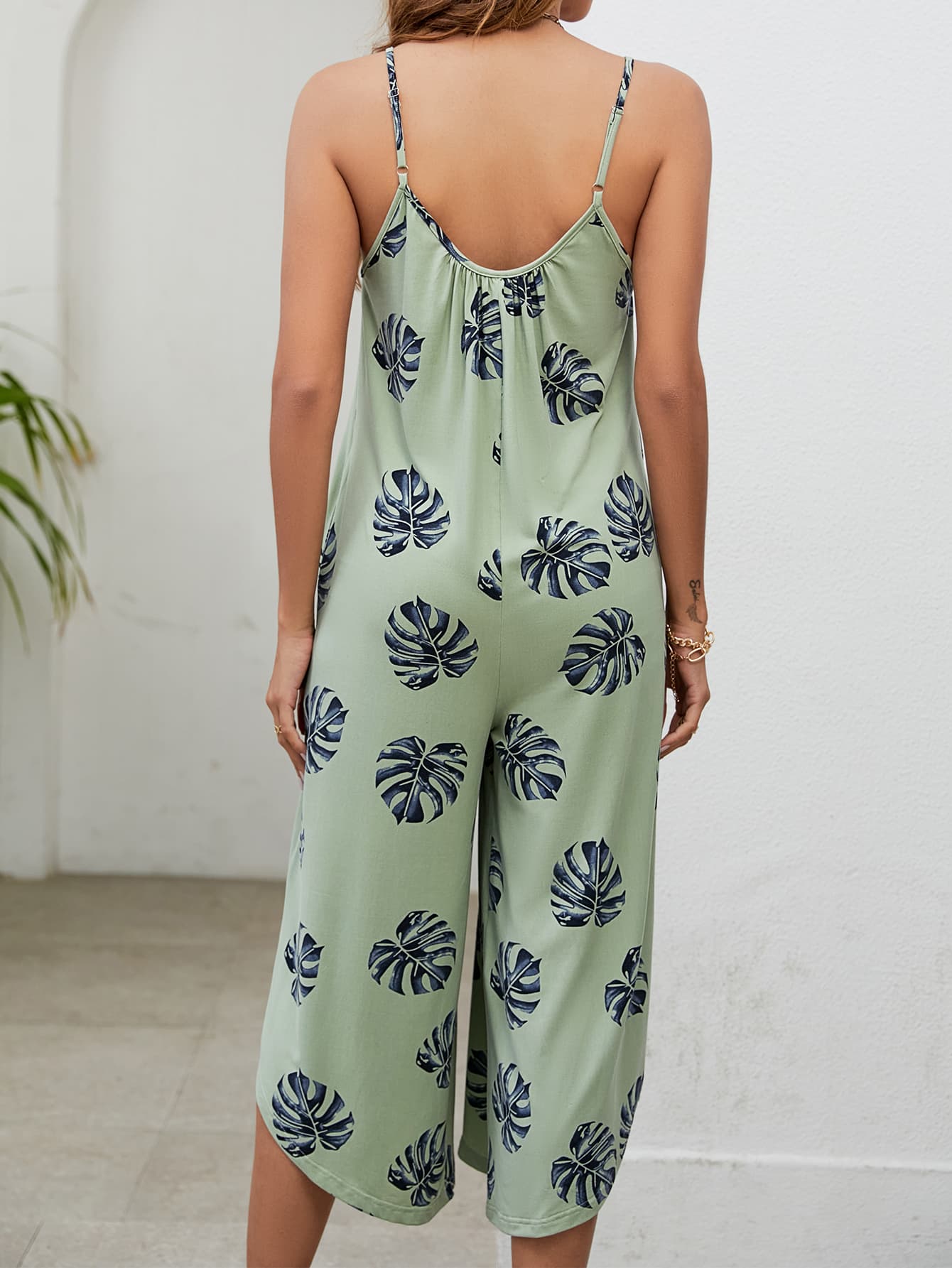 Botanical Print Spaghetti Strap Scoop Neck Jumpsuit - Loulou Boutique