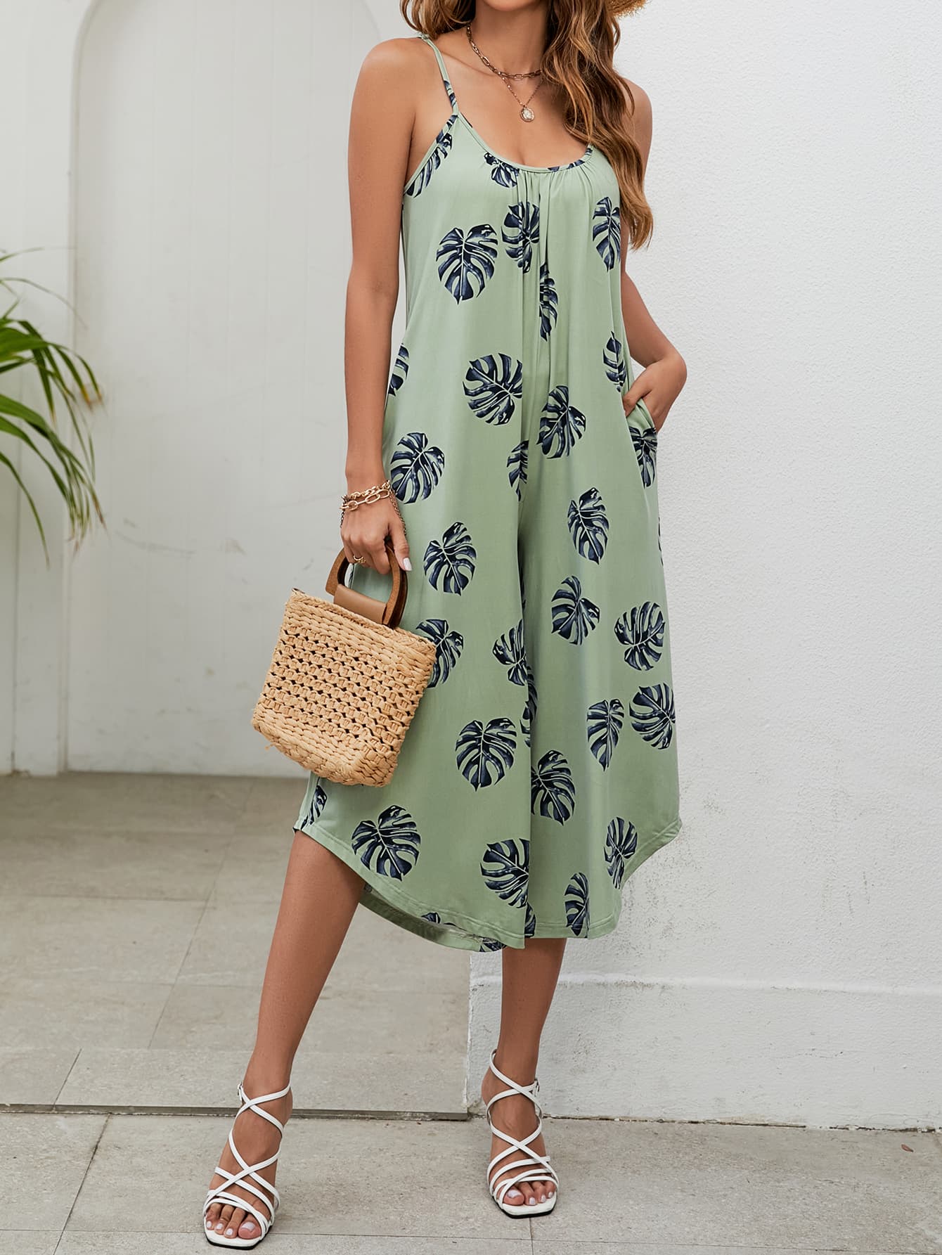 Botanical Print Spaghetti Strap Scoop Neck Jumpsuit - Loulou Boutique