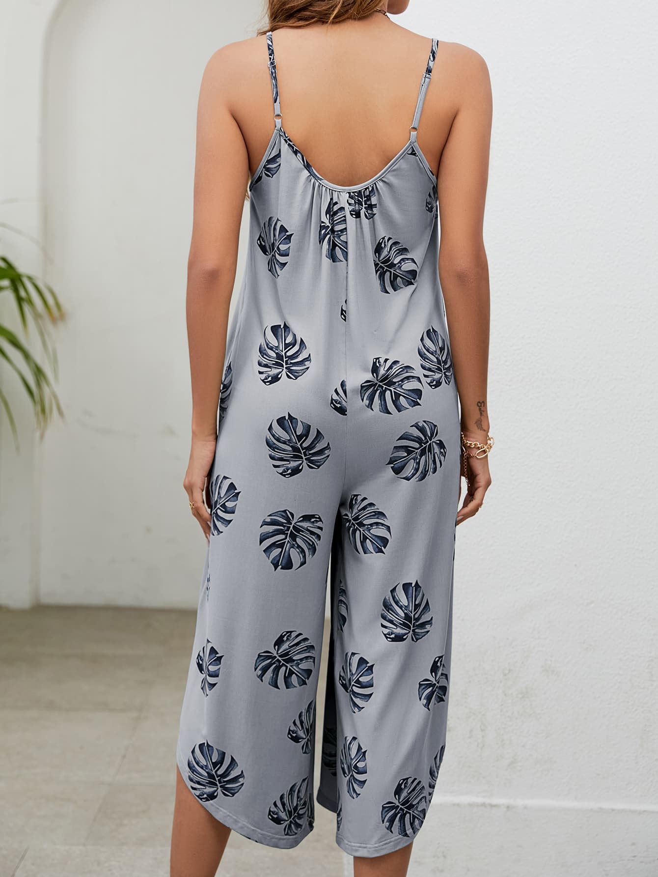 Botanical Print Spaghetti Strap Scoop Neck Jumpsuit - Loulou Boutique