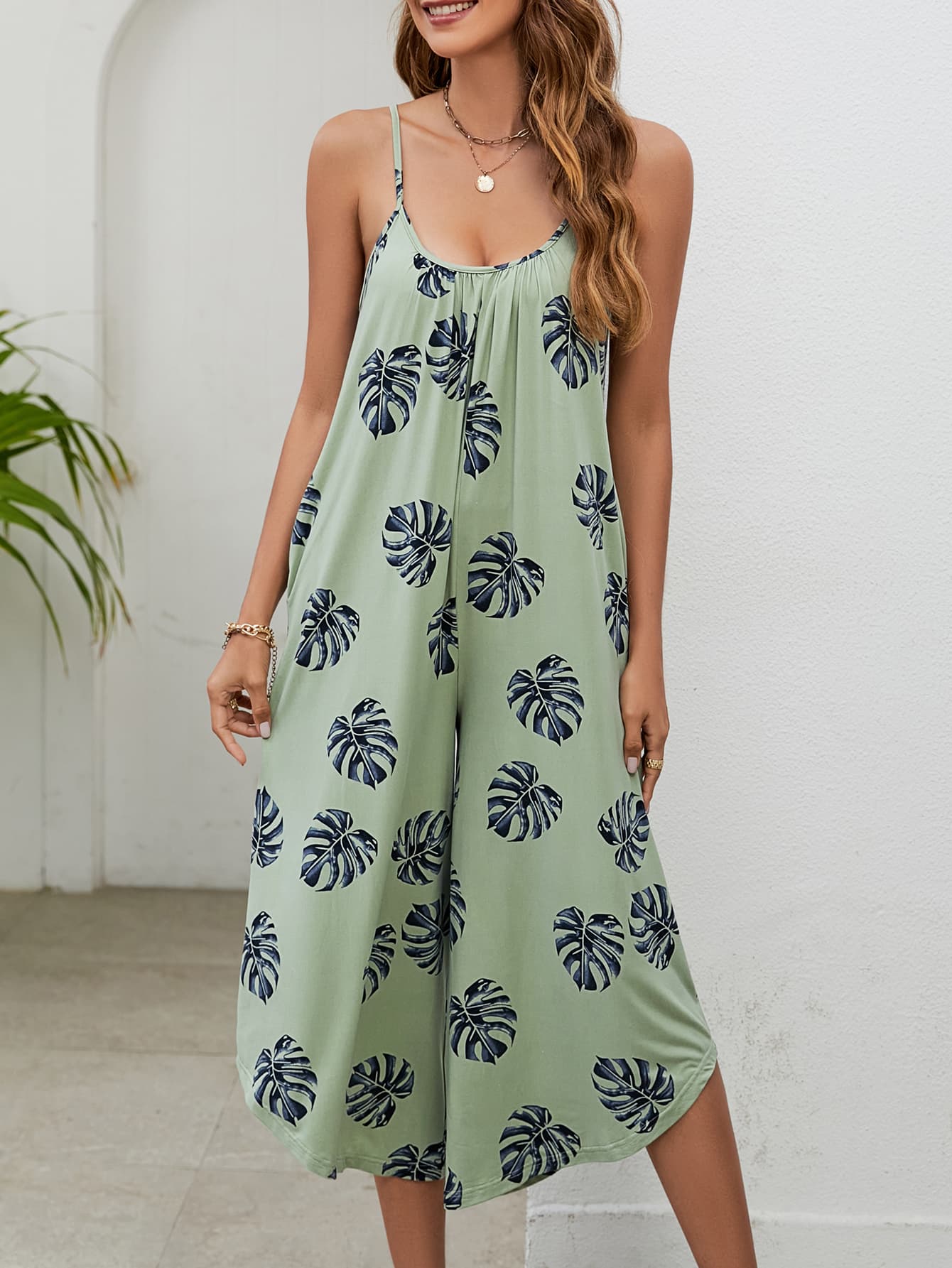 Botanical Print Spaghetti Strap Scoop Neck Jumpsuit - Loulou Boutique