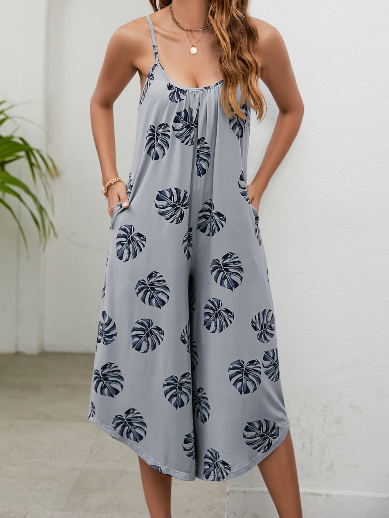 Botanical Print Spaghetti Strap Scoop Neck Jumpsuit - Loulou Boutique