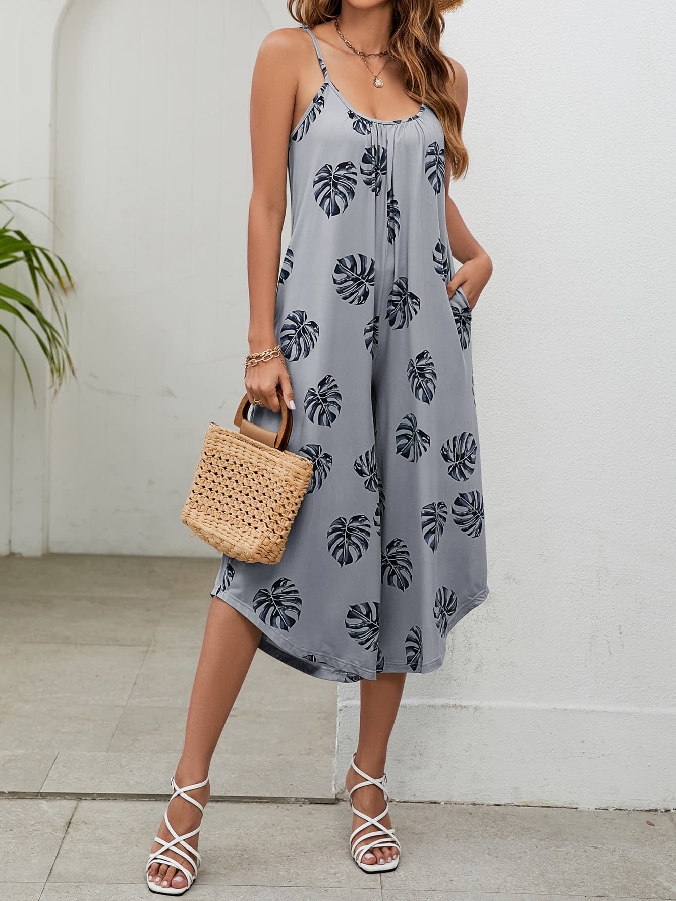 Botanical Print Spaghetti Strap Scoop Neck Jumpsuit - Loulou Boutique