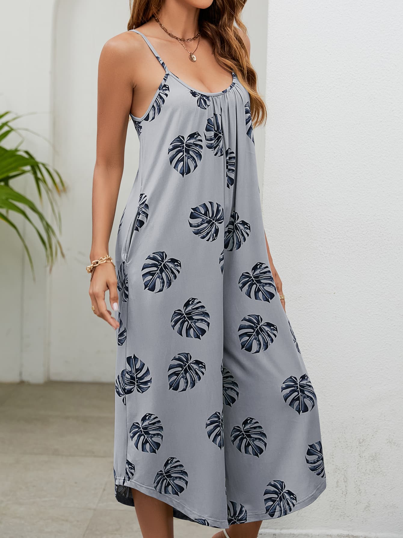 Botanical Print Spaghetti Strap Scoop Neck Jumpsuit - Loulou Boutique