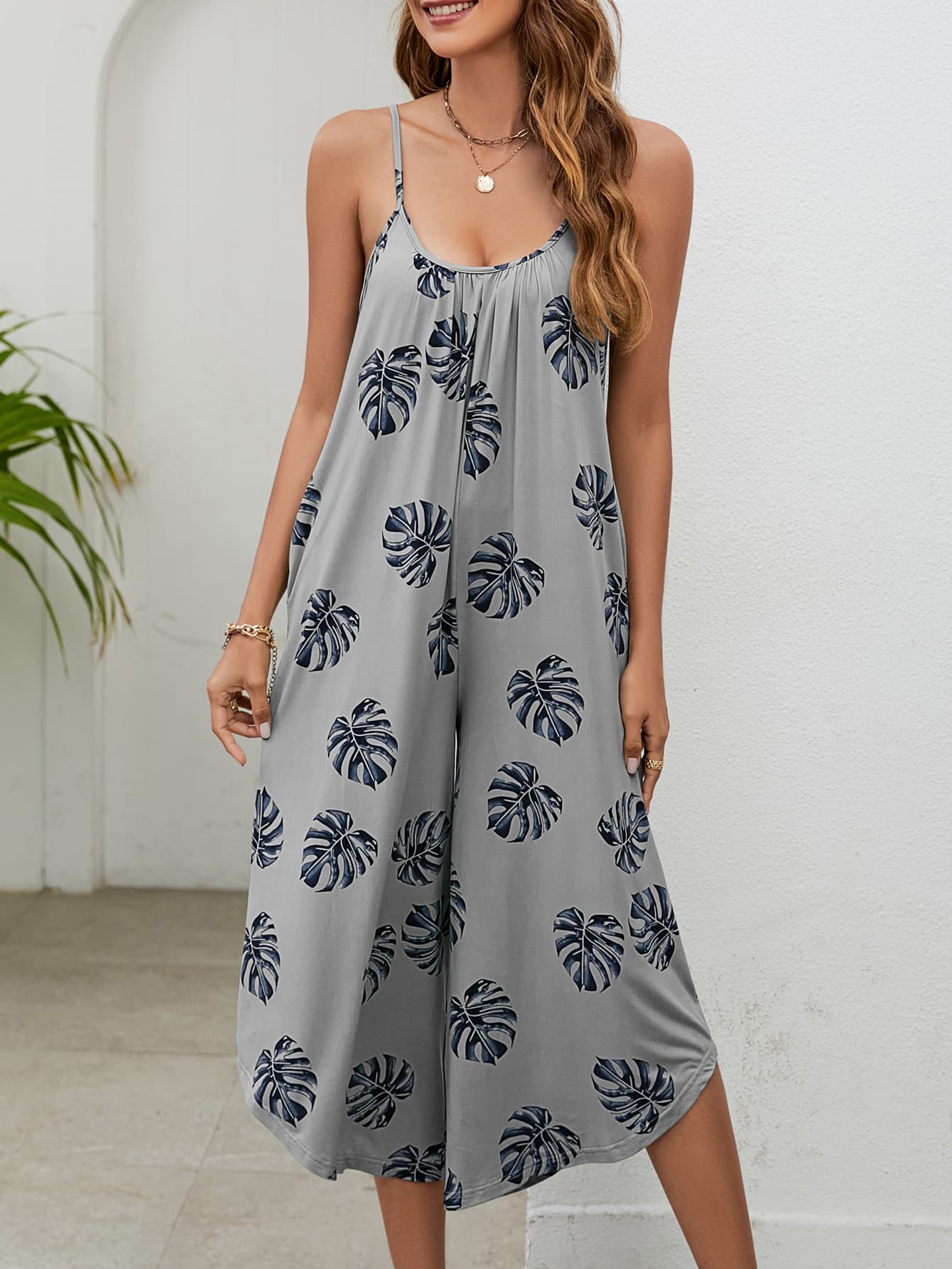 Botanical Print Spaghetti Strap Scoop Neck Jumpsuit - Loulou Boutique