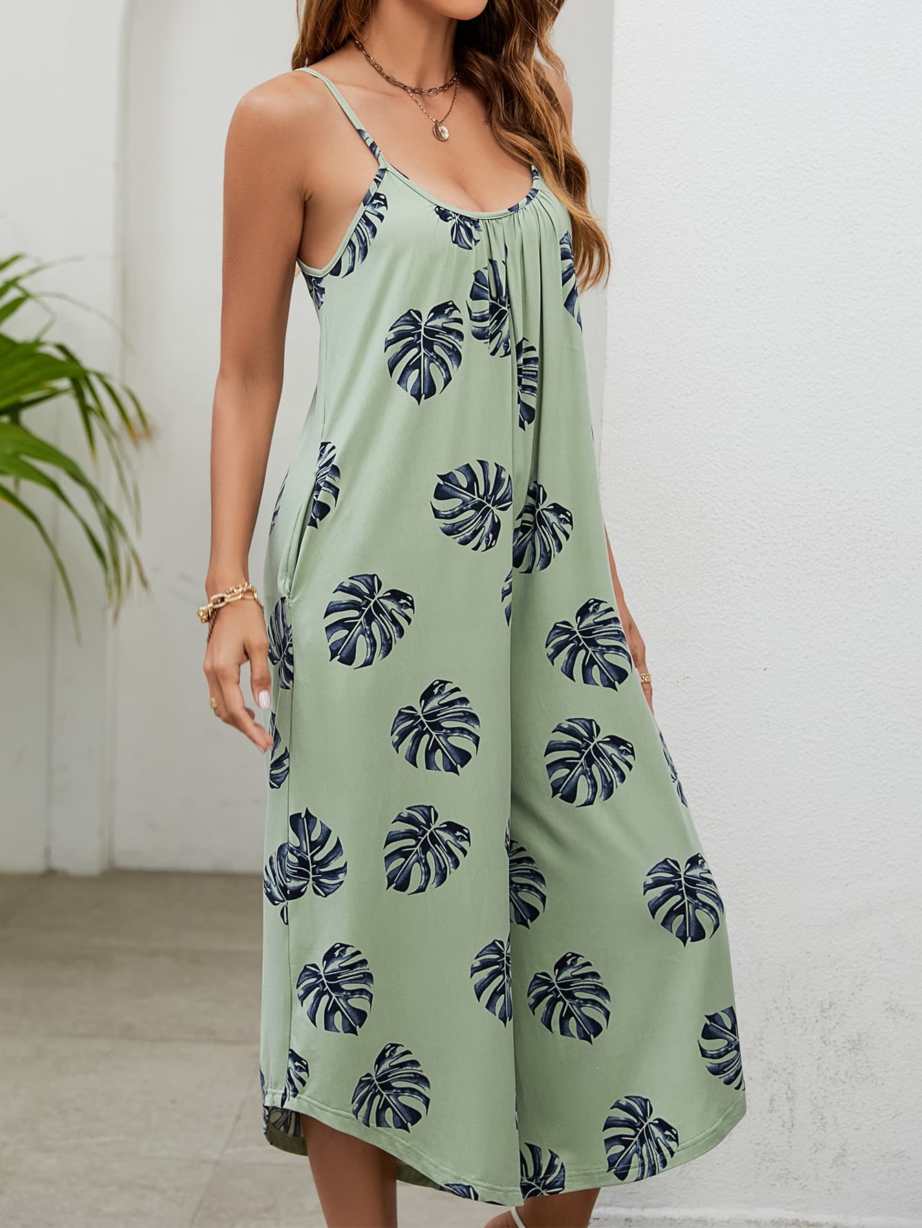 Botanical Print Spaghetti Strap Scoop Neck Jumpsuit - Loulou Boutique