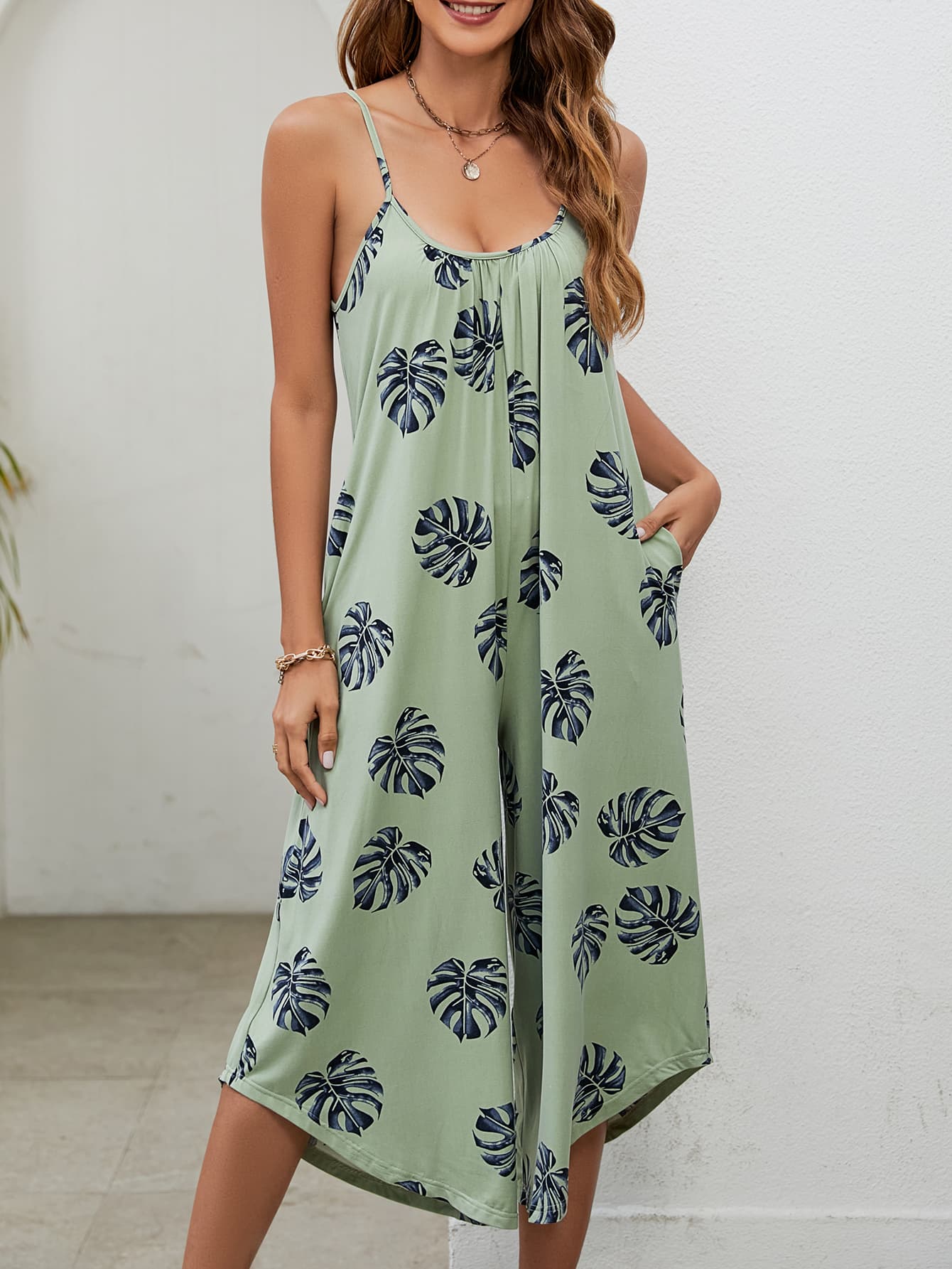 Botanical Print Spaghetti Strap Scoop Neck Jumpsuit - Loulou Boutique
