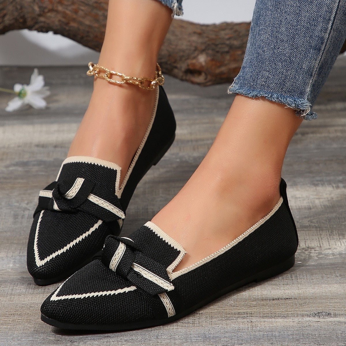 Bow Contrast Trim Point Toe Loafers - Loulou Boutique