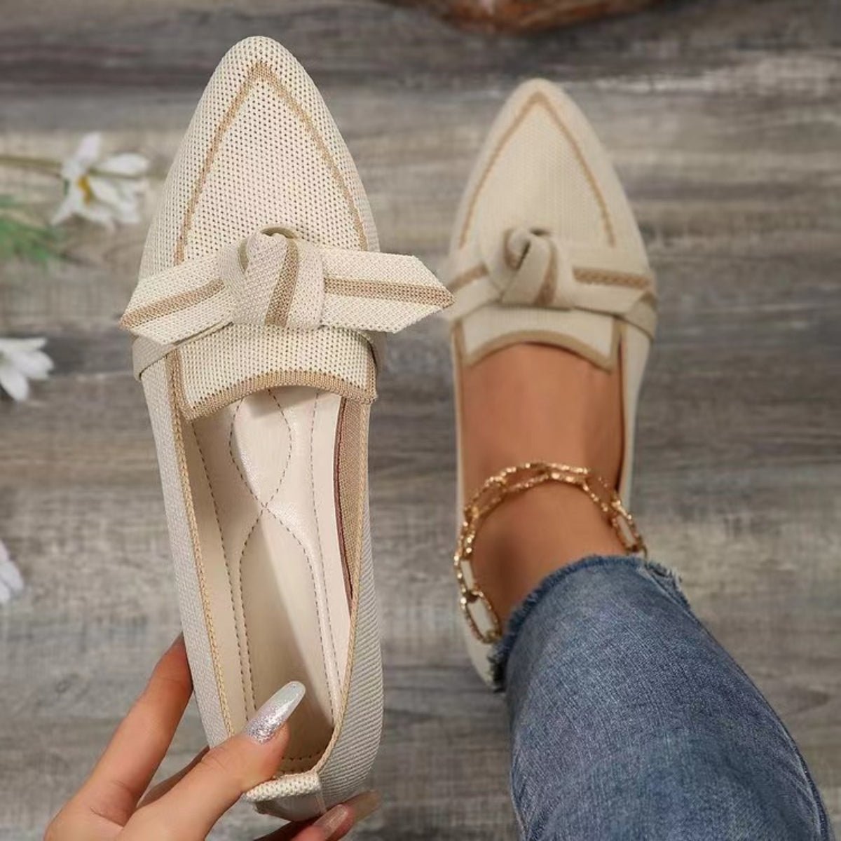Bow Contrast Trim Point Toe Loafers - Loulou Boutique