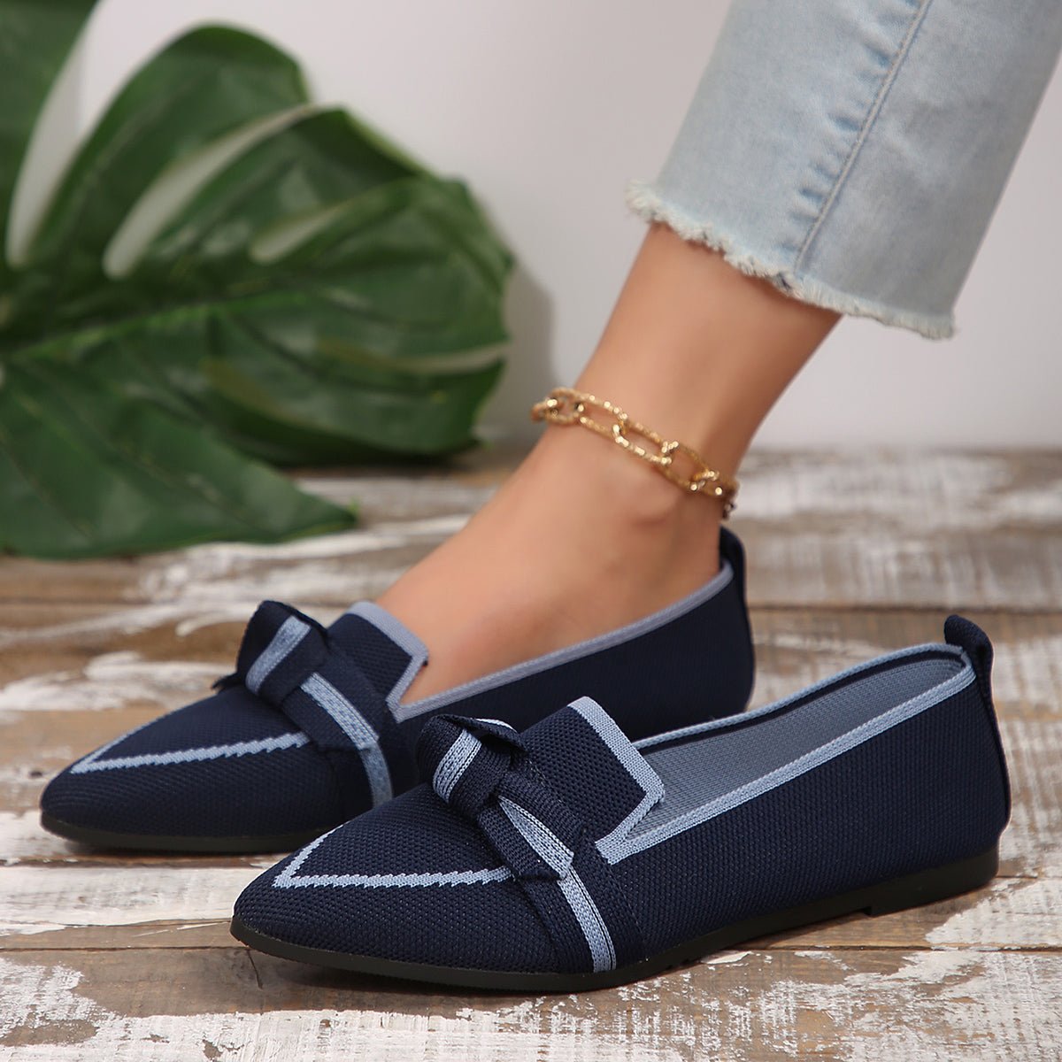 Bow Contrast Trim Point Toe Loafers - Loulou Boutique