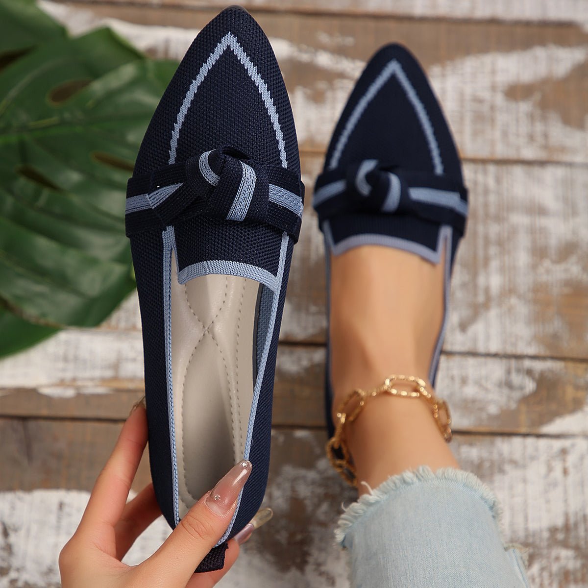 Bow Contrast Trim Point Toe Loafers - Loulou Boutique