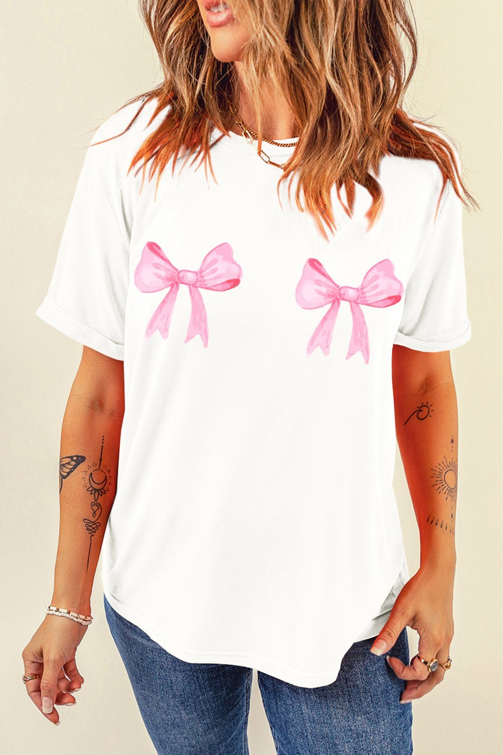 Bow Graphic Round Neck Short Sleeve T - Shirt - Loulou Boutique