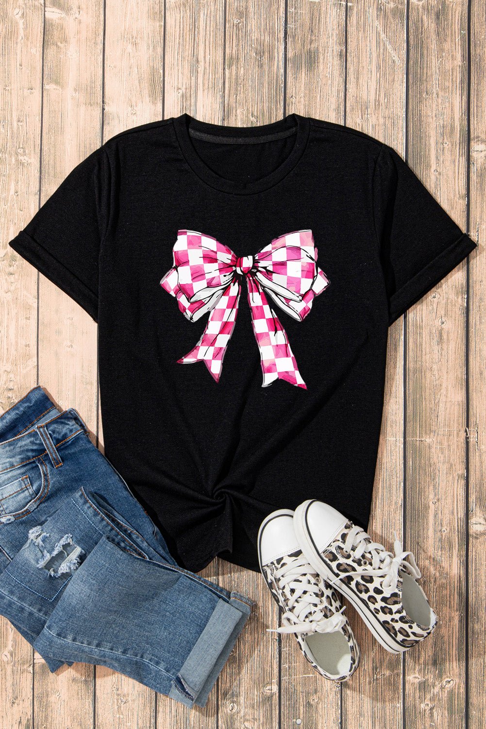 Bow Graphic Round Neck Short Sleeve T-Shirt - Loulou Boutique