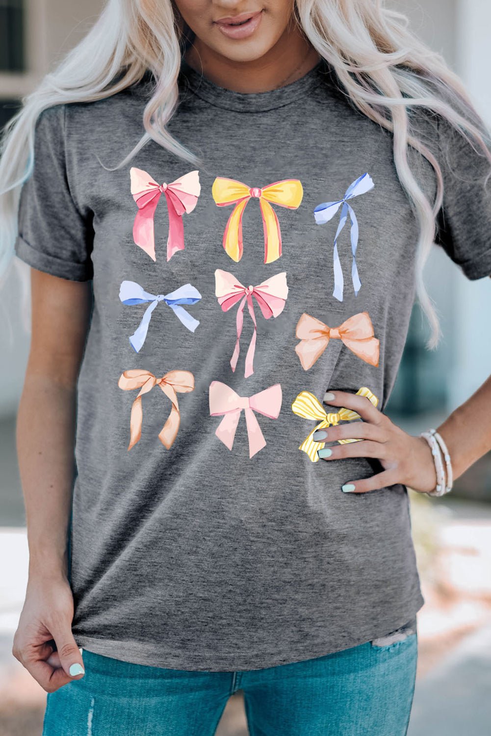 Bow Graphic Round Neck Short Sleeve T-Shirt - Loulou Boutique
