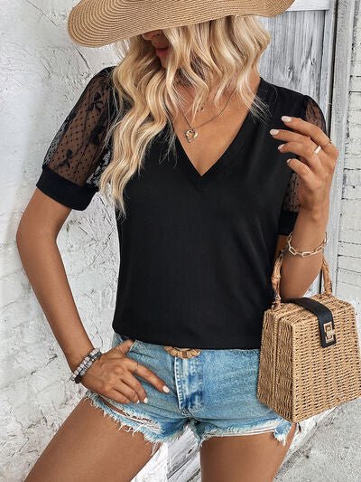 Bow Pattern V-Neck Short Sleeve T-Shirt - Loulou Boutique