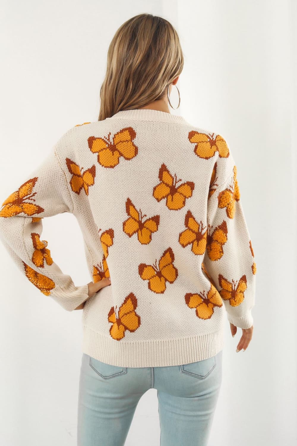 Butterfly Pattern Round Neck Dropped Shoulder Sweater - Loulou Boutique