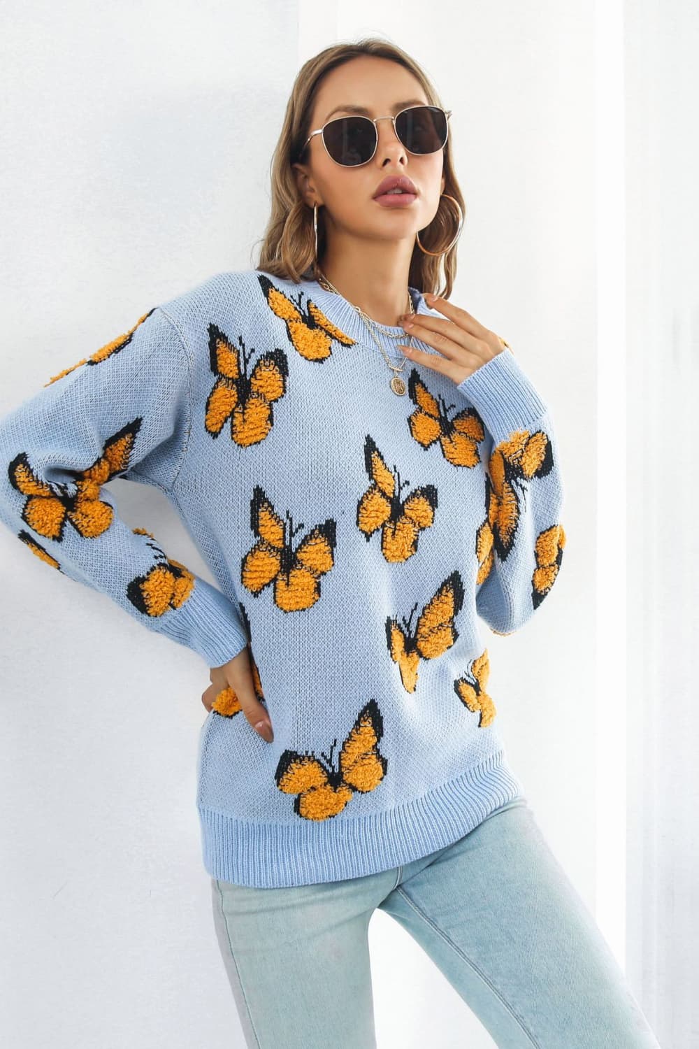 Butterfly Pattern Round Neck Dropped Shoulder Sweater - Loulou Boutique