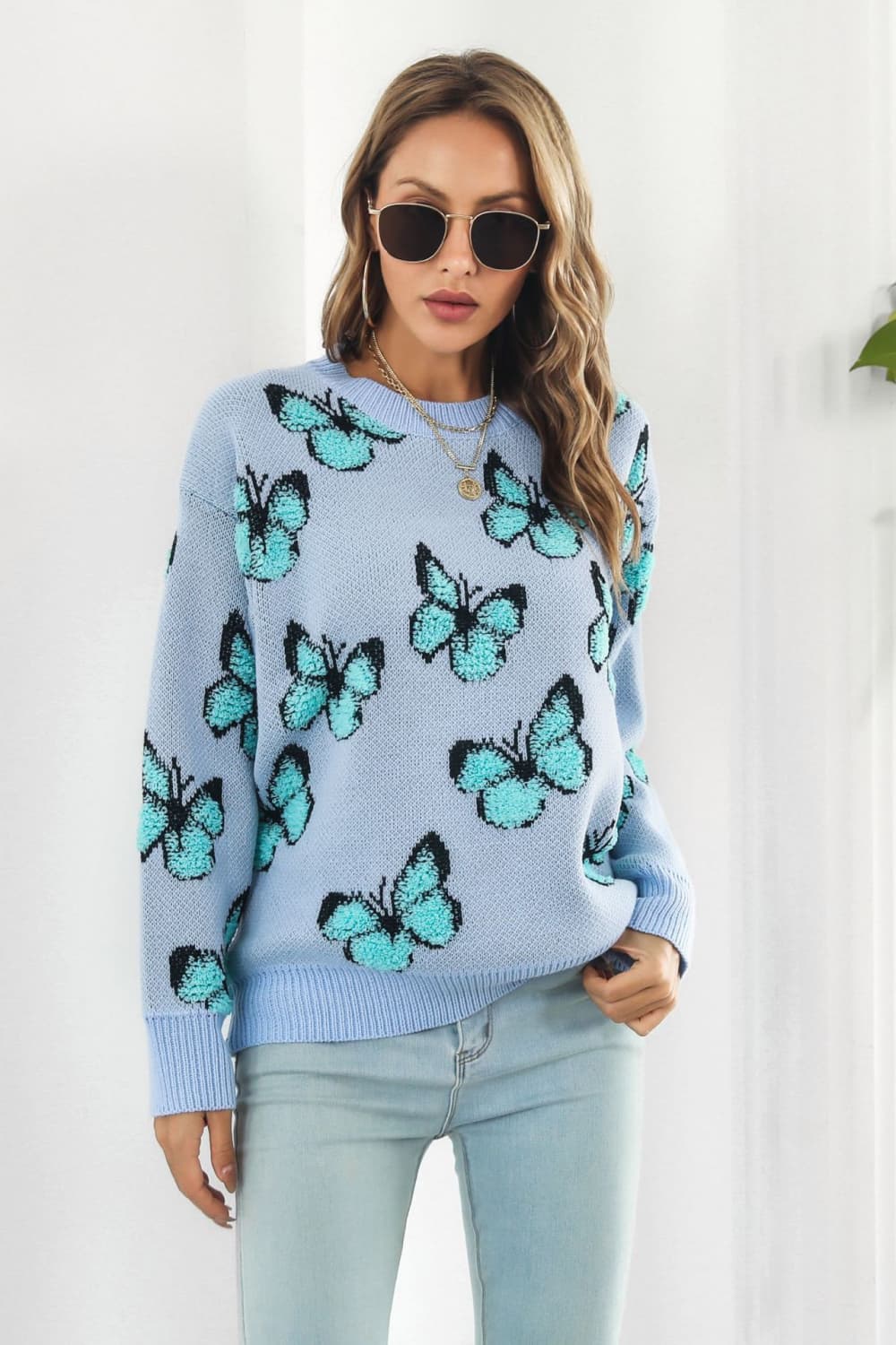 Butterfly Pattern Round Neck Dropped Shoulder Sweater - Loulou Boutique