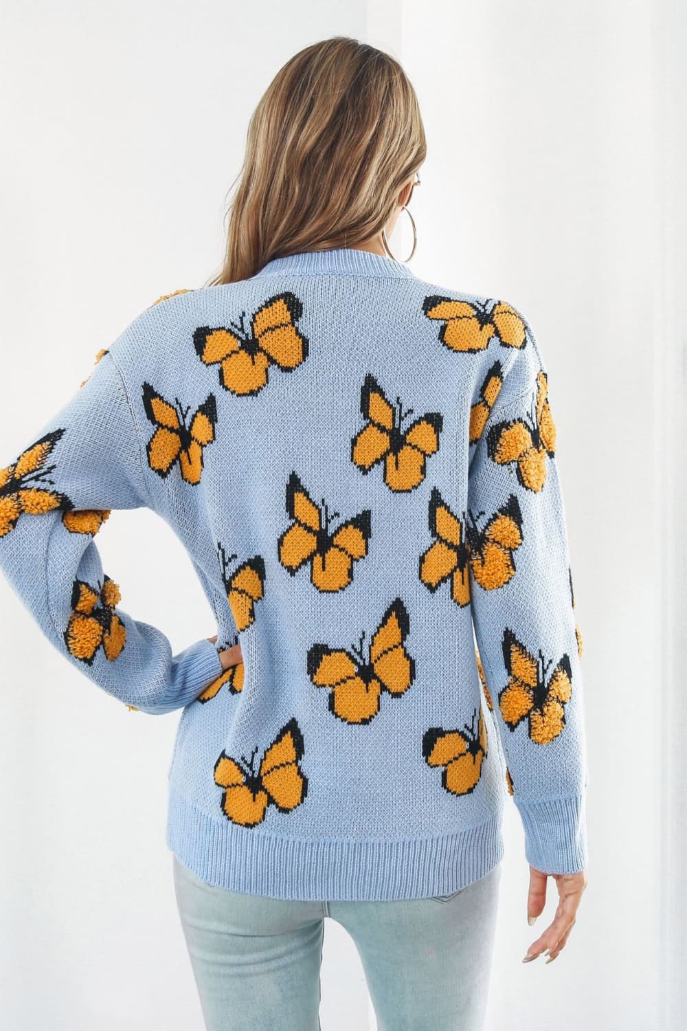 Butterfly Pattern Round Neck Dropped Shoulder Sweater - Loulou Boutique