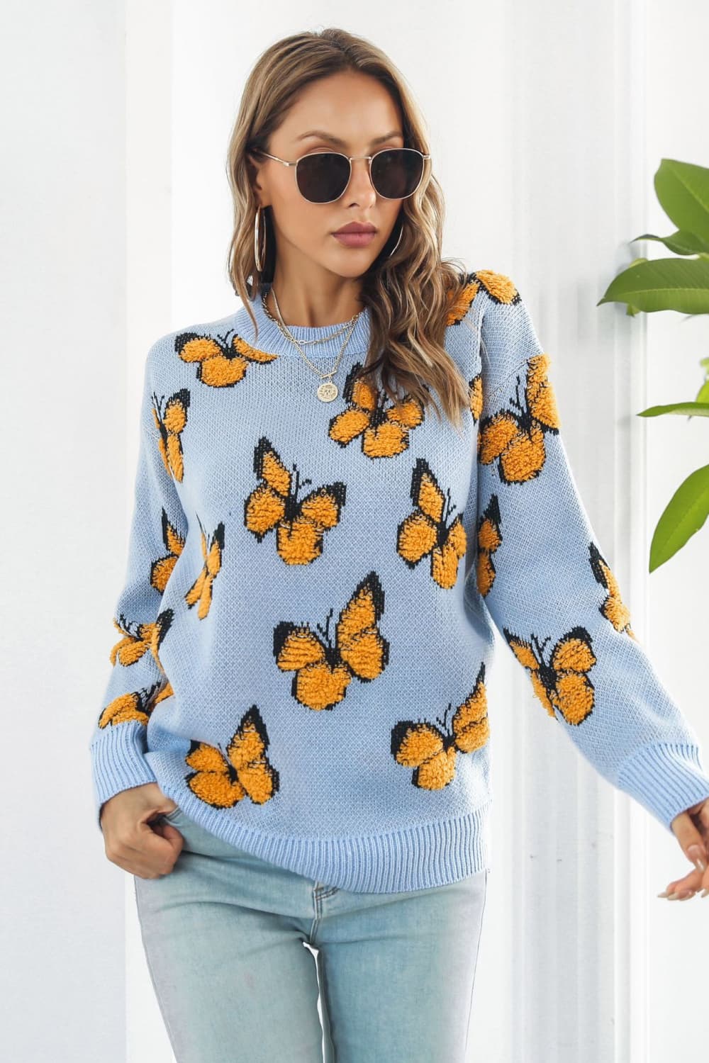 Butterfly Pattern Round Neck Dropped Shoulder Sweater - Loulou Boutique
