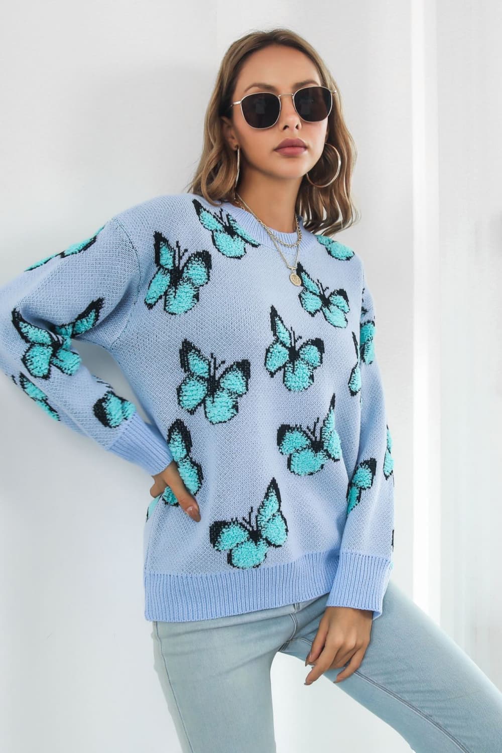 Butterfly Pattern Round Neck Dropped Shoulder Sweater - Loulou Boutique