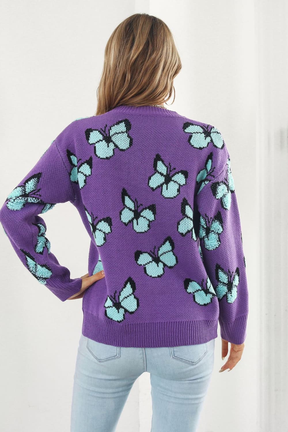 Butterfly Pattern Round Neck Dropped Shoulder Sweater - Loulou Boutique