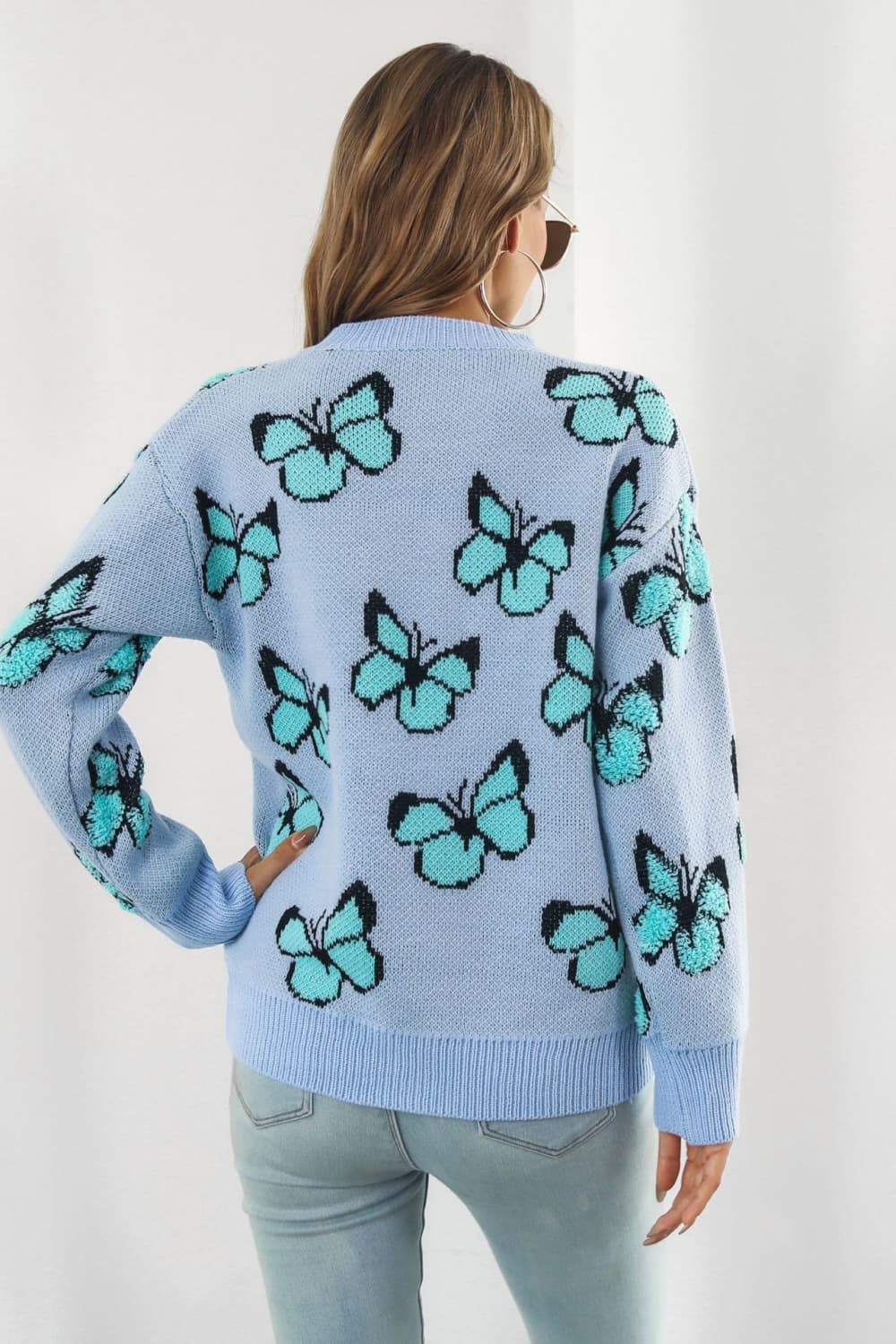 Butterfly Pattern Round Neck Dropped Shoulder Sweater - Loulou Boutique