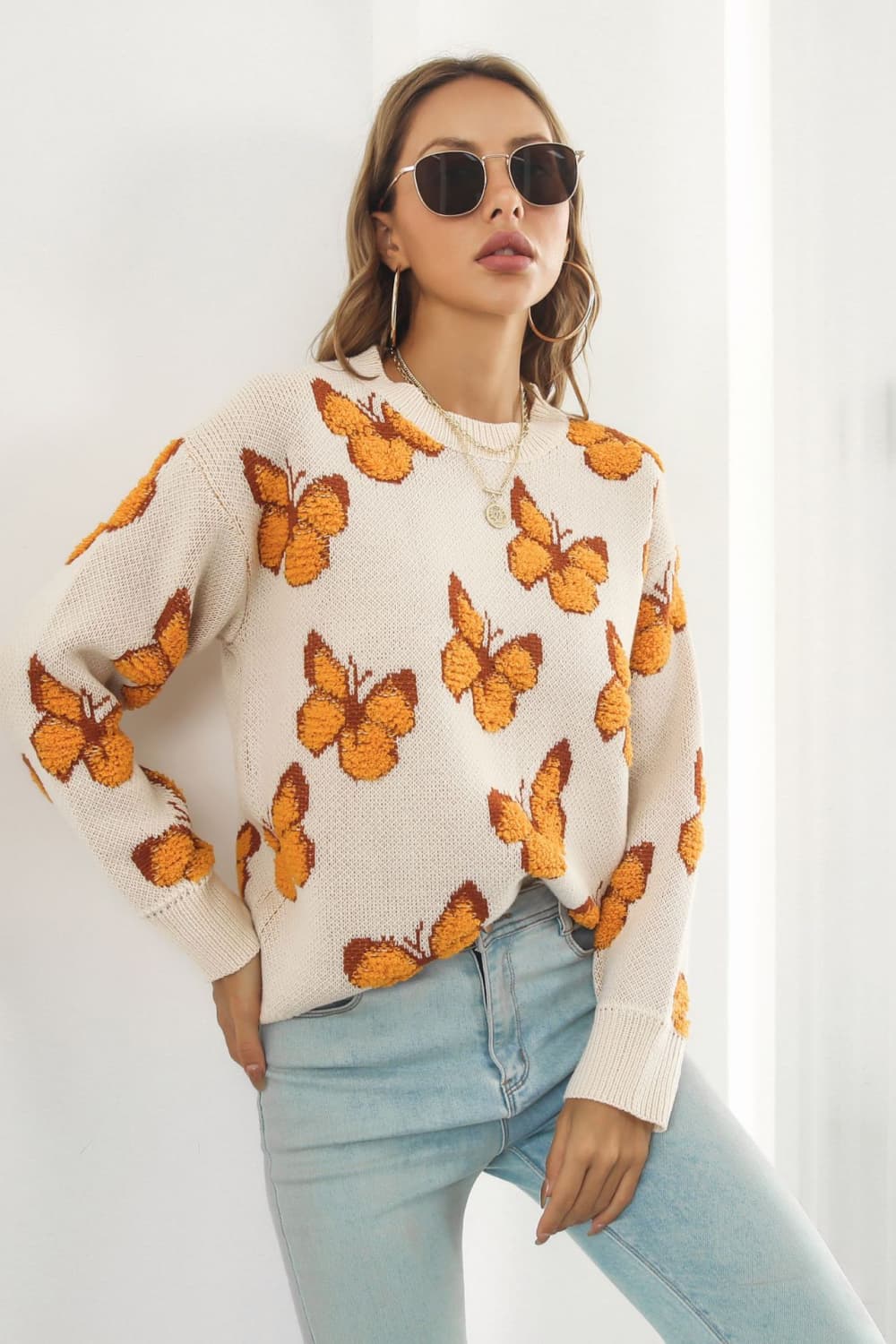 Butterfly Pattern Round Neck Dropped Shoulder Sweater - Loulou Boutique