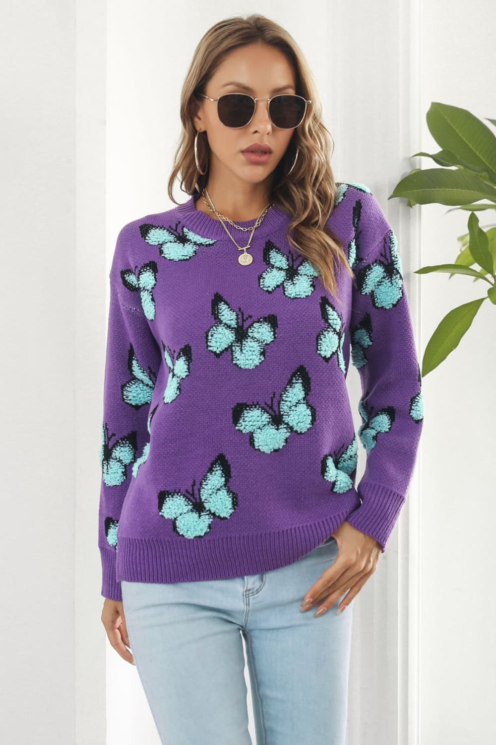 Butterfly Pattern Round Neck Dropped Shoulder Sweater - Loulou Boutique