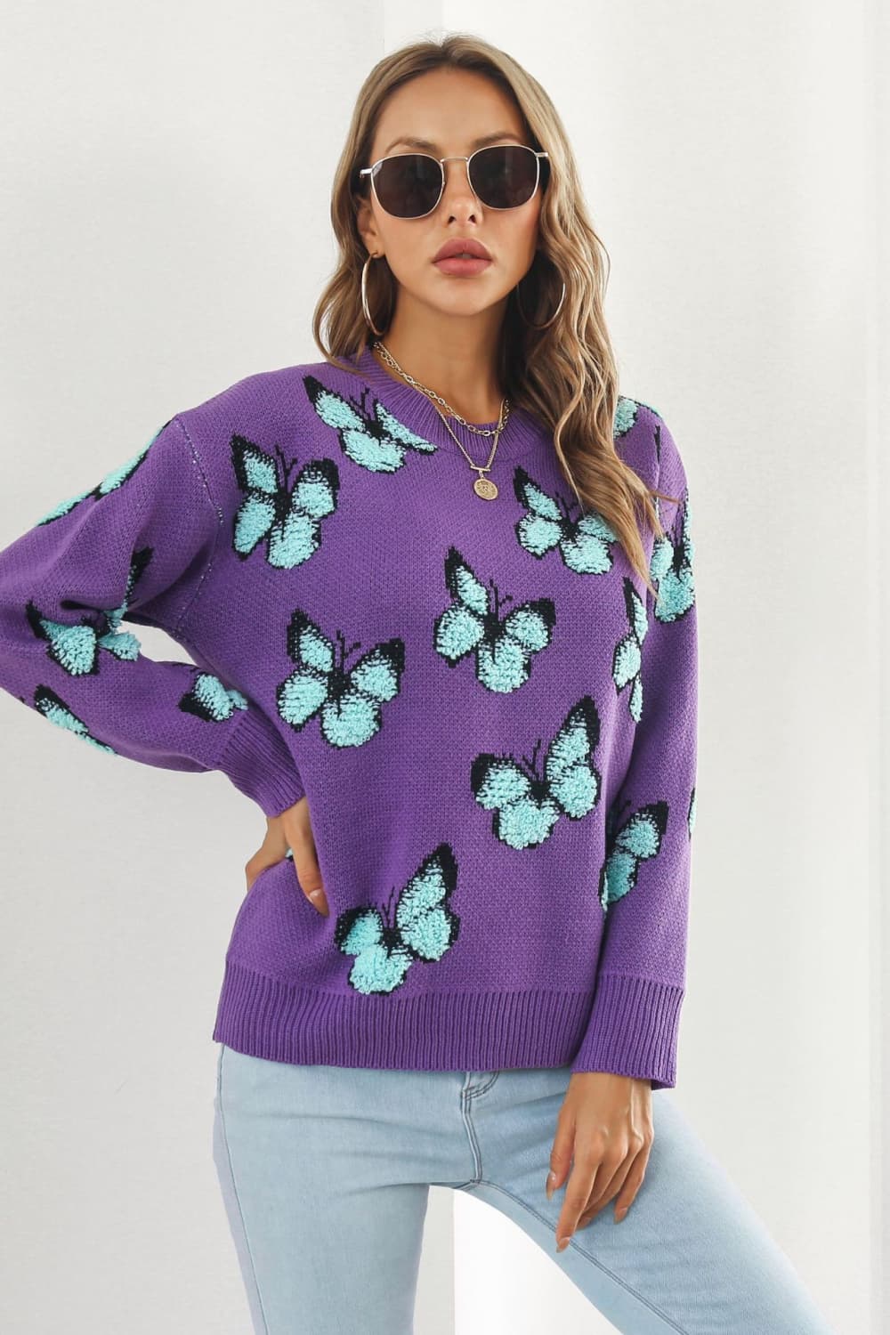 Butterfly Pattern Round Neck Dropped Shoulder Sweater - Loulou Boutique