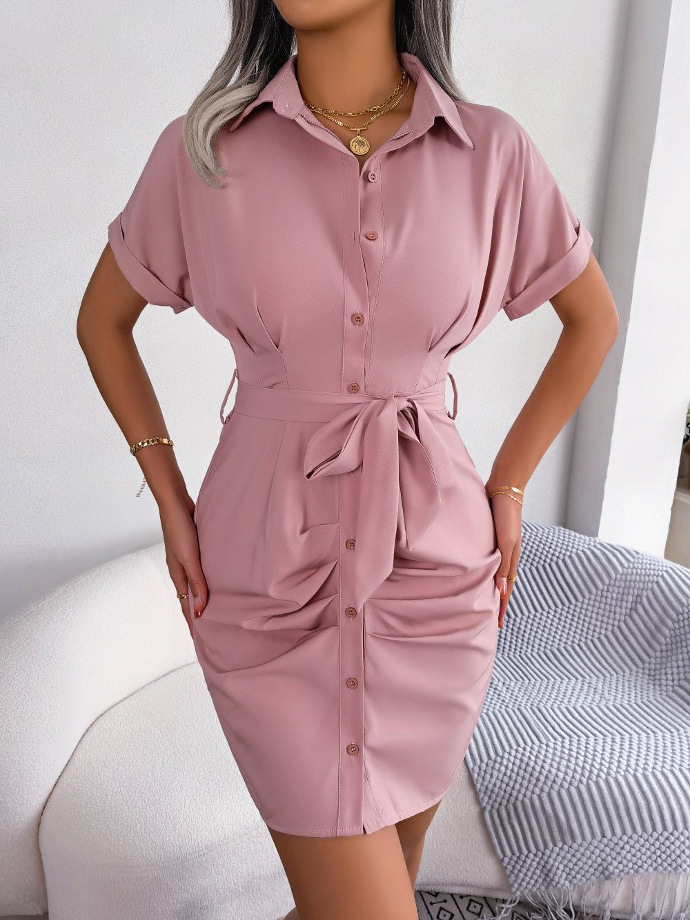 Button Down Ruched Tie Belt Dress - Loulou Boutique