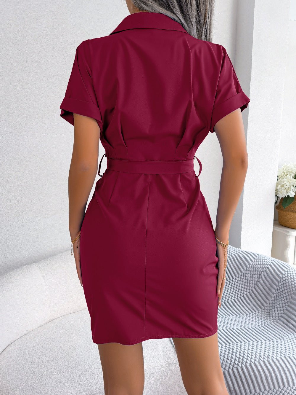 Button Down Ruched Tie Belt Dress - Loulou Boutique