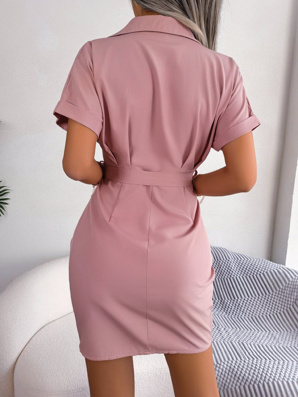 Button Down Ruched Tie Belt Dress - Loulou Boutique