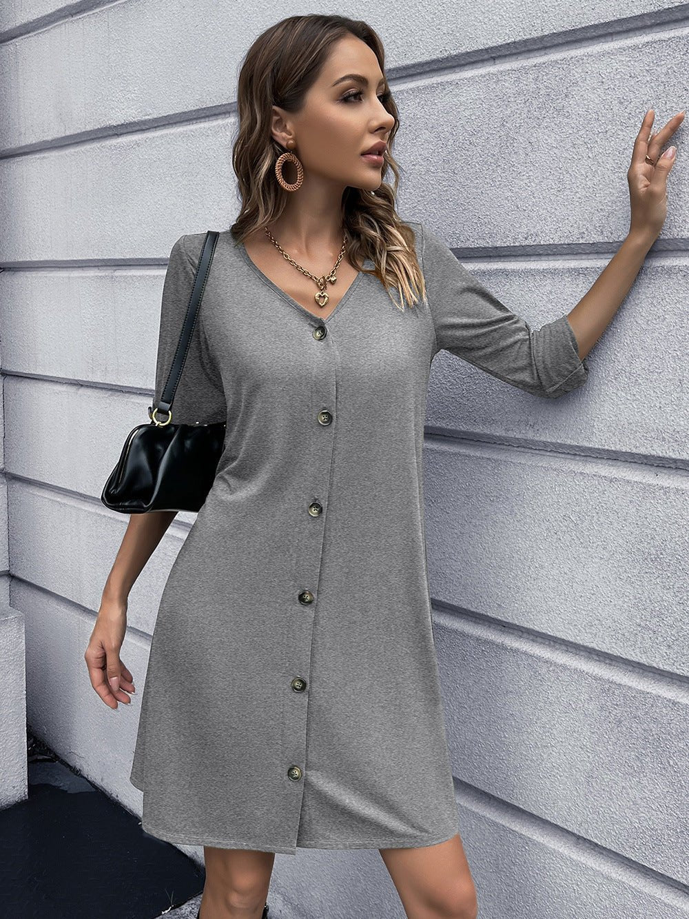 Button Down V - Neck Mini Dress - Loulou Boutique