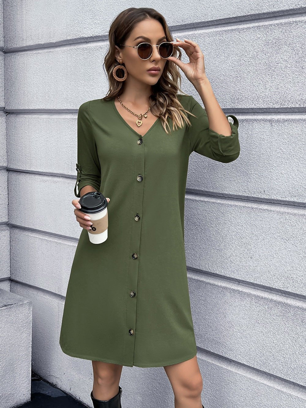 Button Down V - Neck Mini Dress - Loulou Boutique