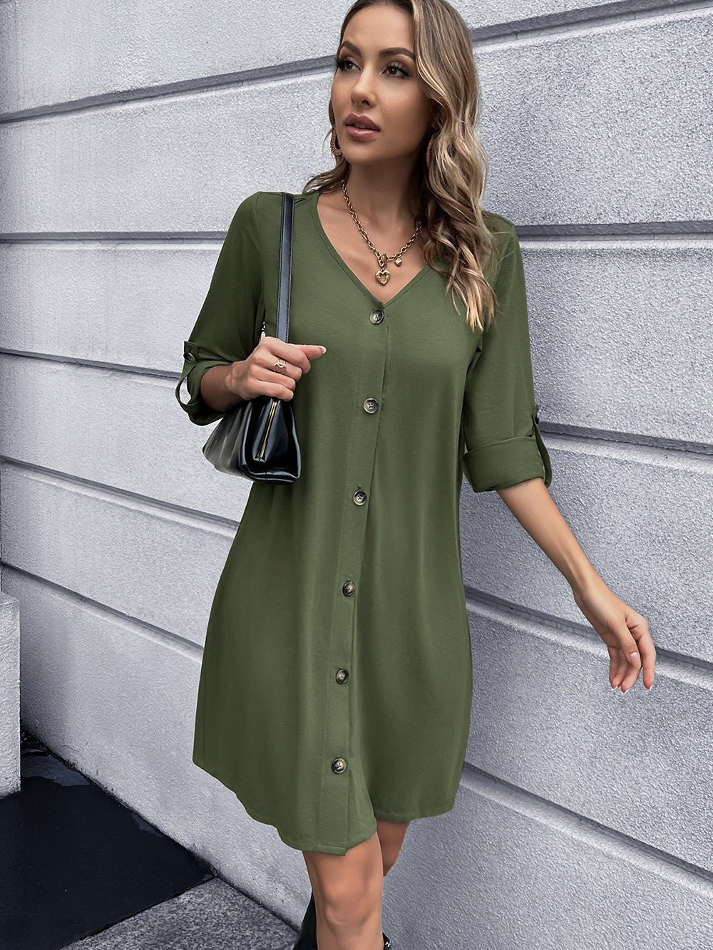 Button Down V - Neck Mini Dress - Loulou Boutique
