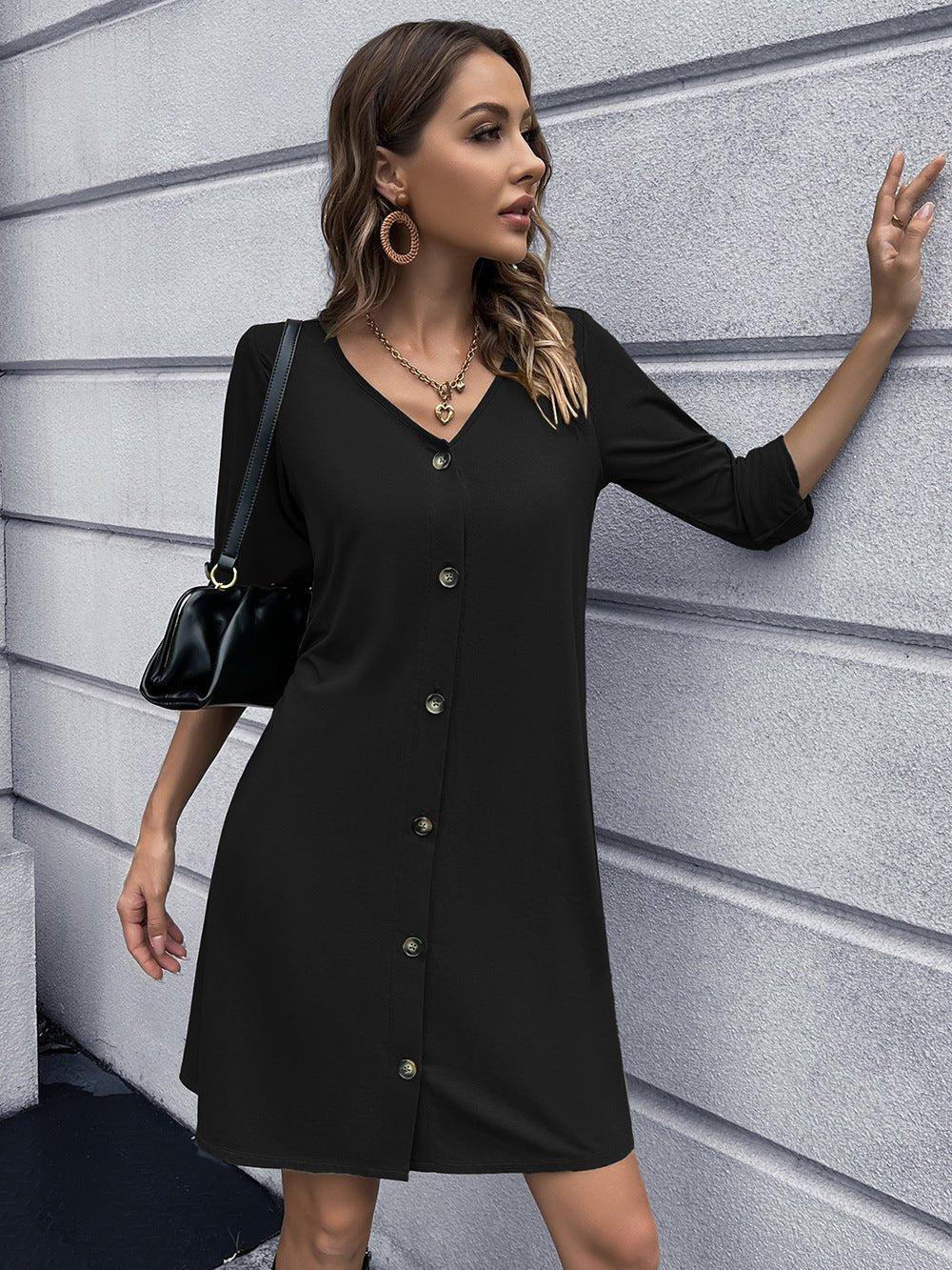 Button Down V - Neck Mini Dress - Loulou Boutique