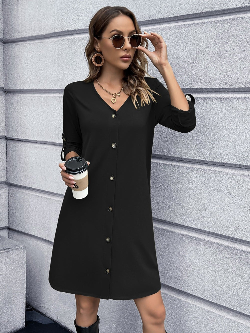 Button Down V - Neck Mini Dress - Loulou Boutique