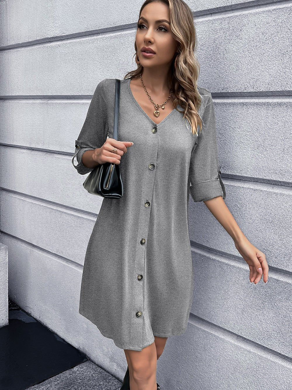 Button Down V - Neck Mini Dress - Loulou Boutique