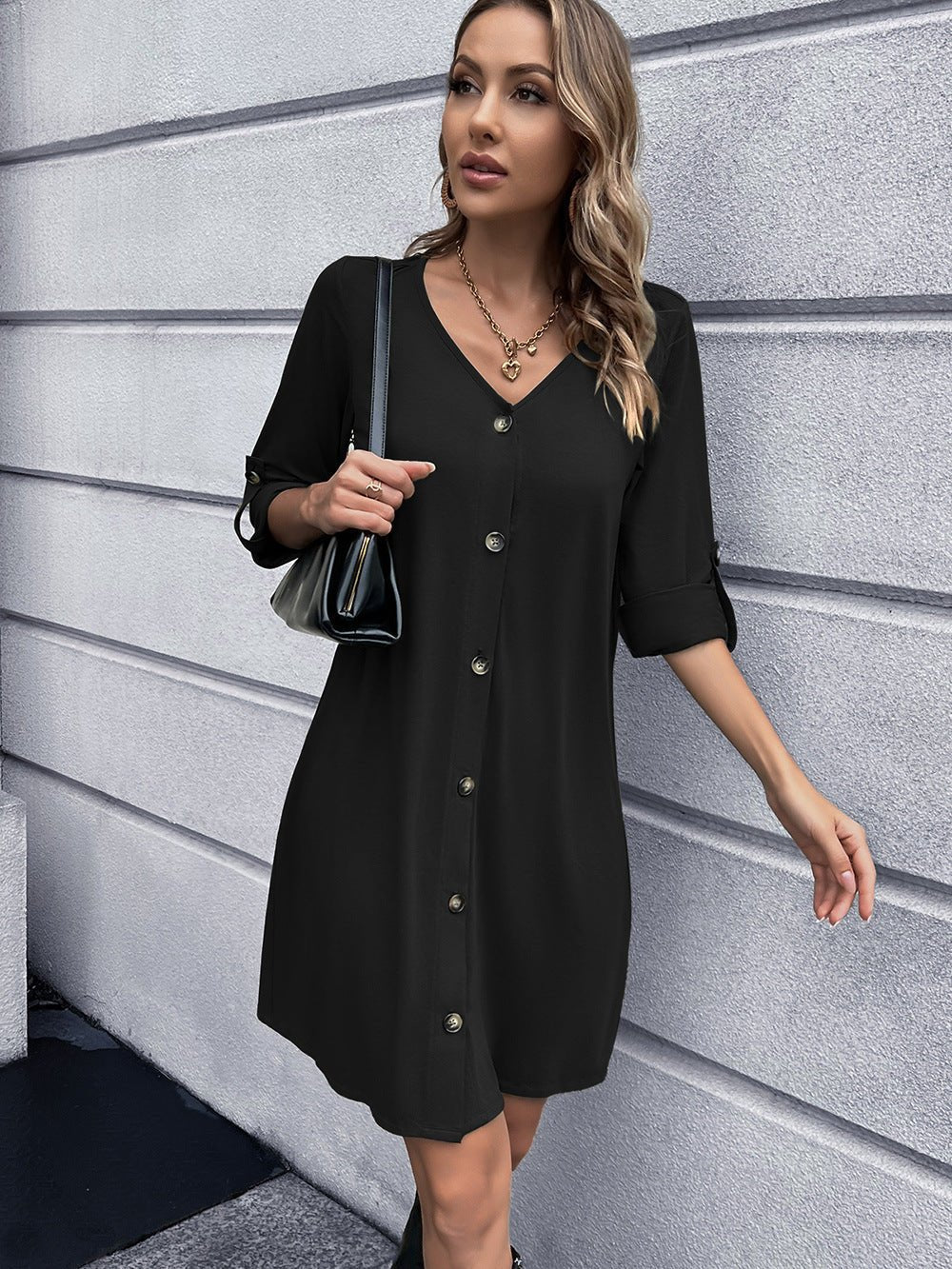 Button Down V - Neck Mini Dress - Loulou Boutique