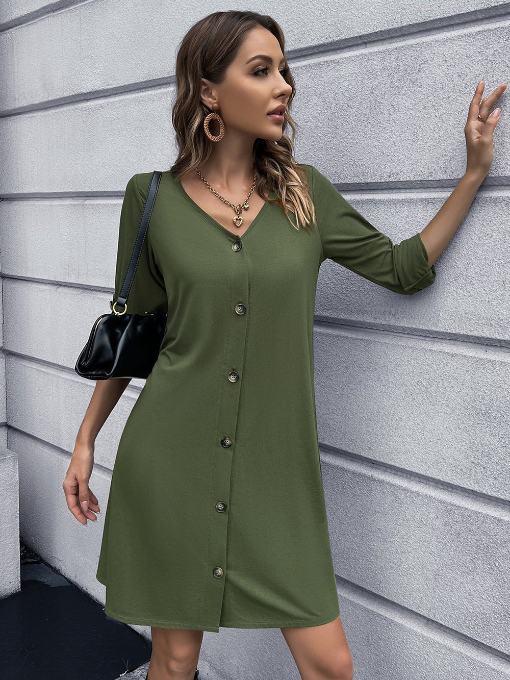 Button Down V - Neck Mini Dress - Loulou Boutique