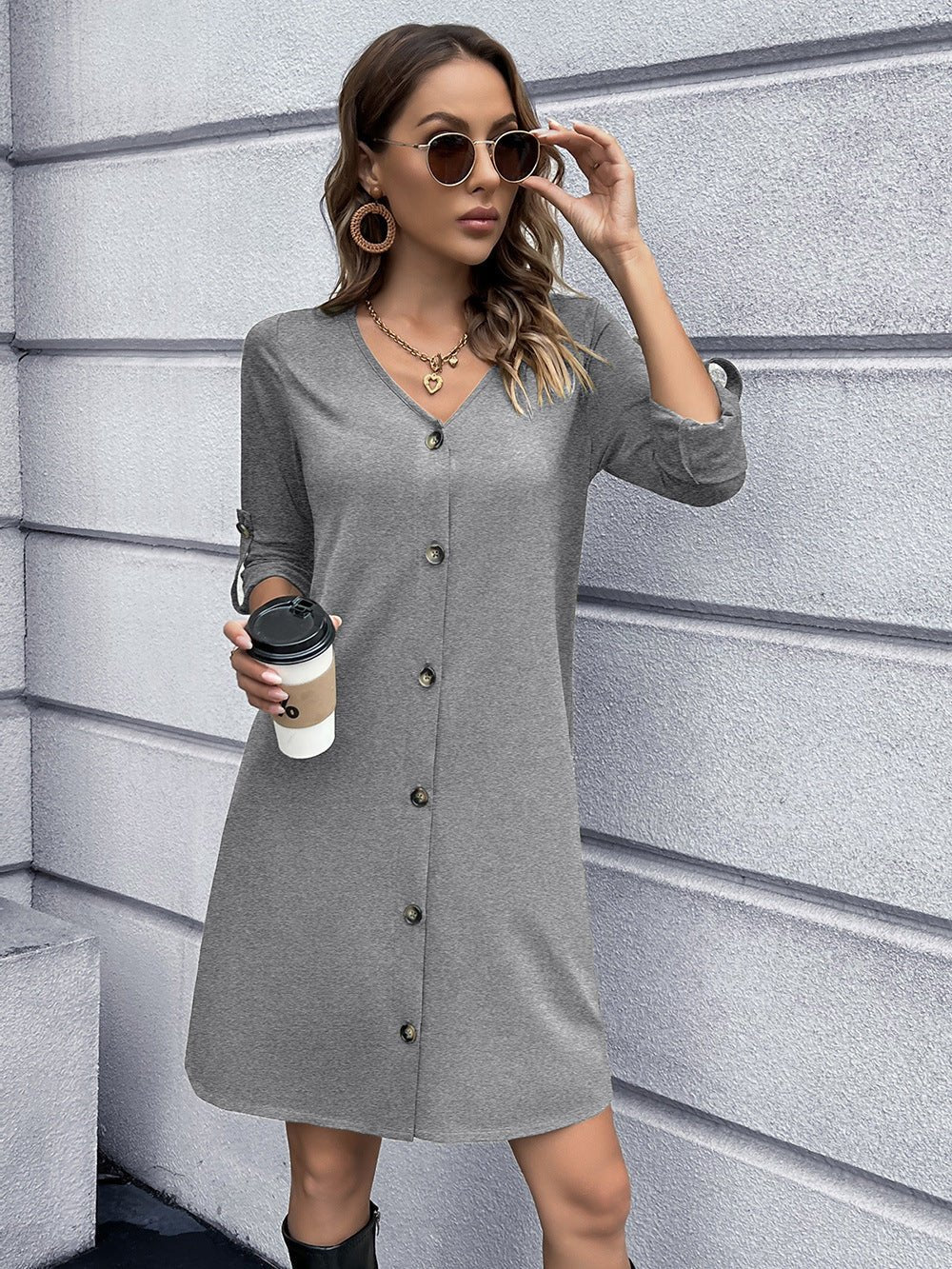 Button Down V - Neck Mini Dress - Loulou Boutique