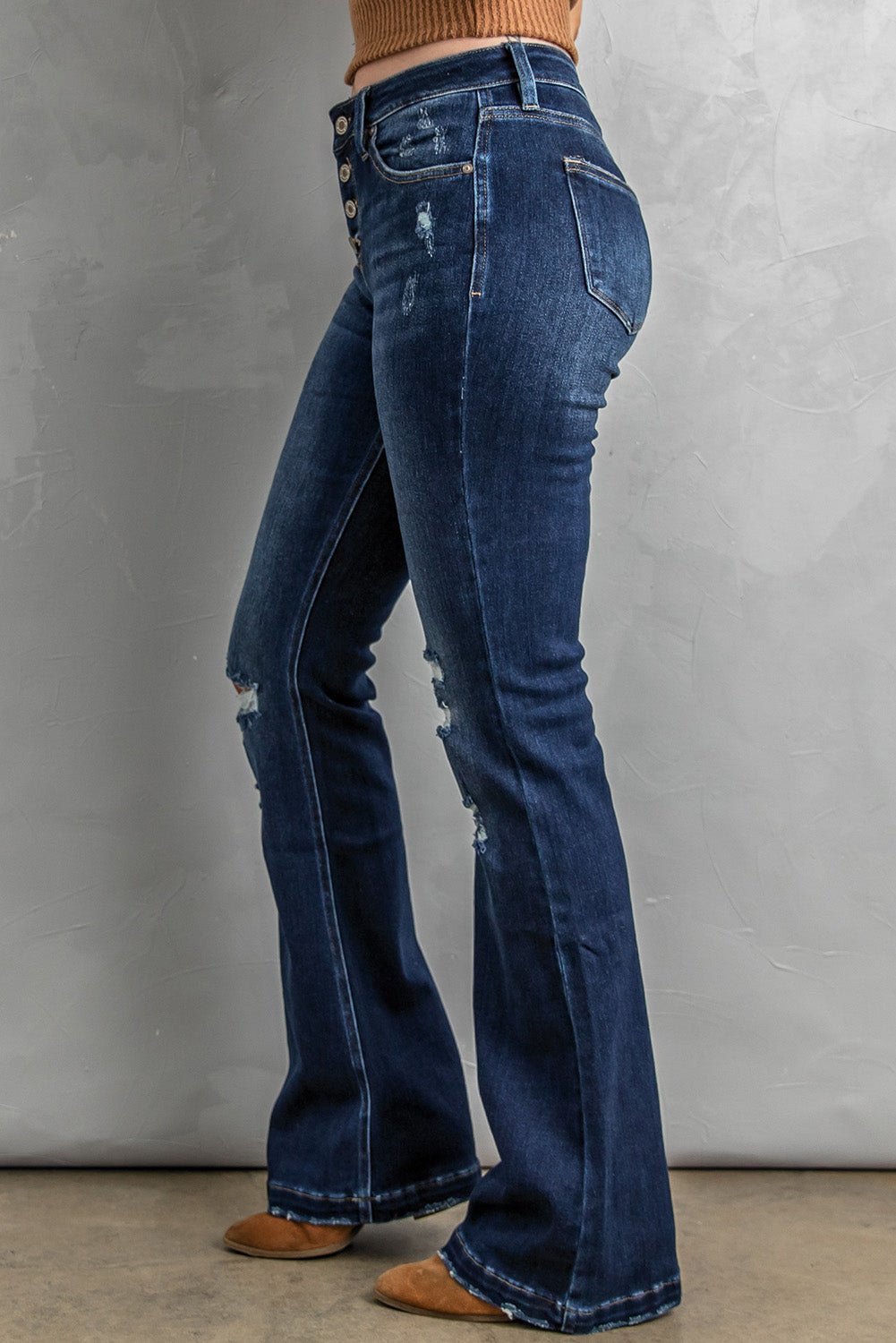 Button Fly Distressed Bootcut Jeans - Loulou Boutique