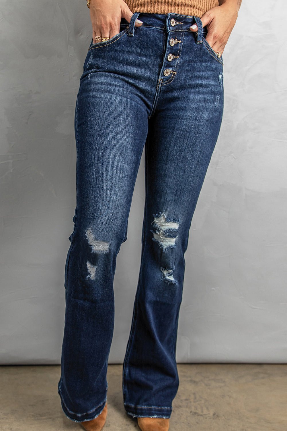 Button Fly Distressed Bootcut Jeans - Loulou Boutique
