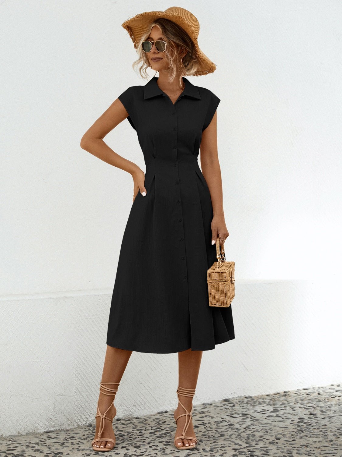 Button Up Cap Sleeve Midi Dress - Loulou Boutique