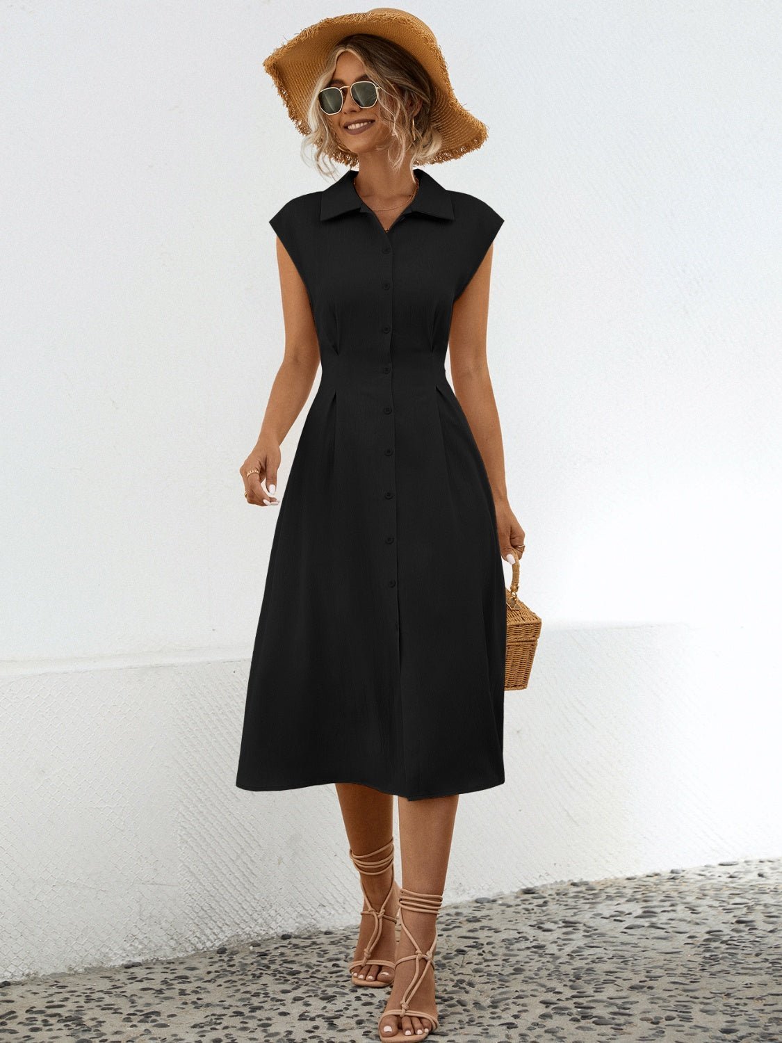 Button Up Cap Sleeve Midi Dress - Loulou Boutique
