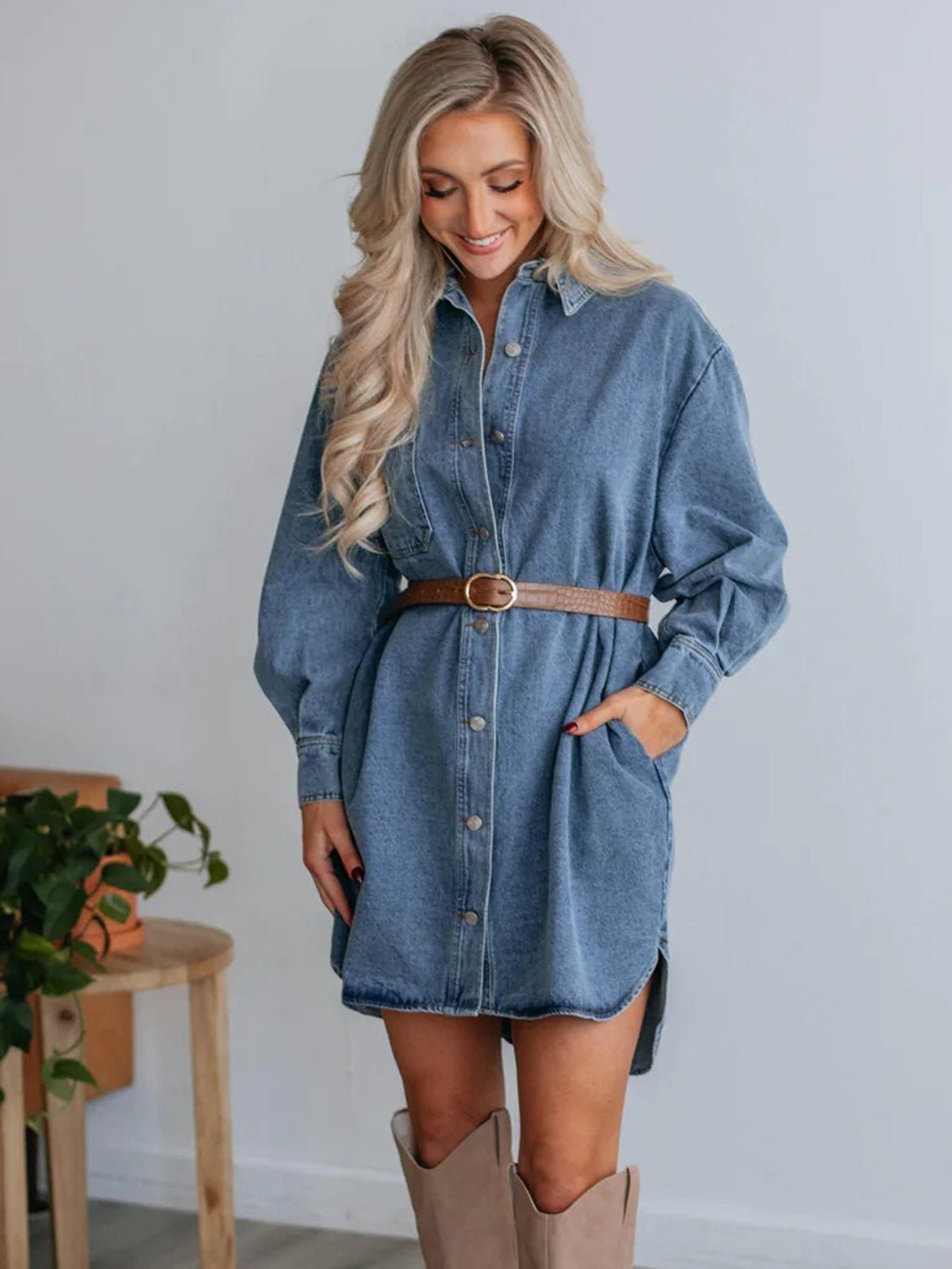 Button Up Collared Neck Long Sleeve Denim Dress - Loulou Boutique
