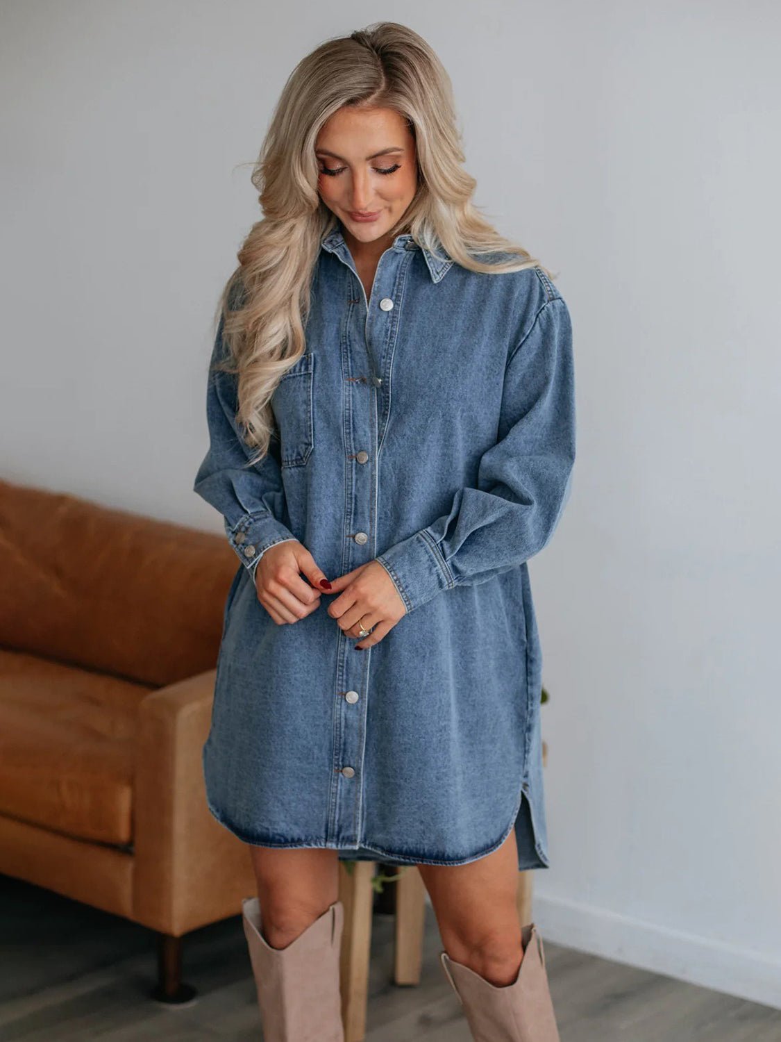 Button Up Collared Neck Long Sleeve Denim Dress - Loulou Boutique