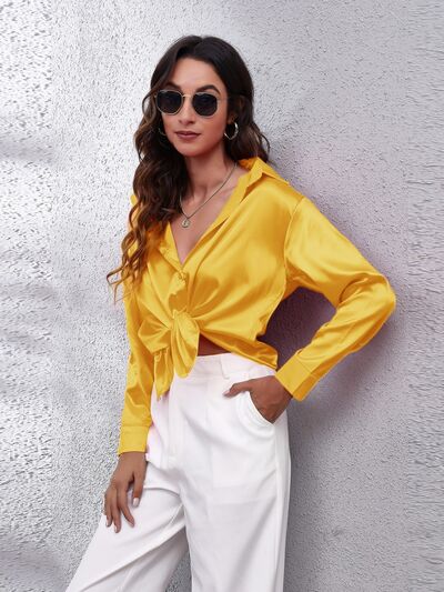 Button Up Collared Neck Long Sleeve Shirt - Loulou Boutique