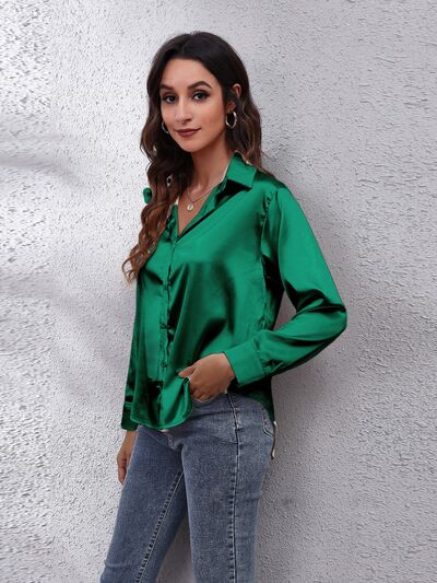 Button Up Collared Neck Long Sleeve Shirt - Loulou Boutique